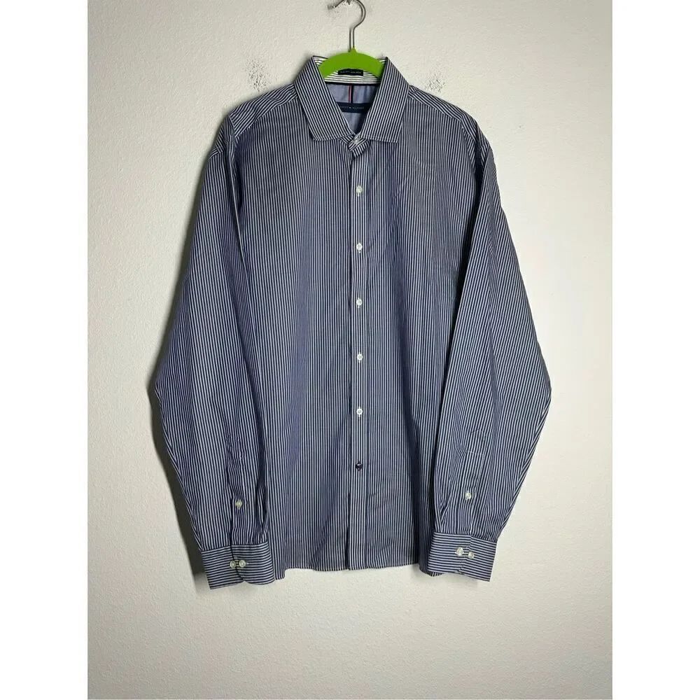 TOMMY HILFIGER Sz 16,5 / 34-35 Blue White Striped Slim Fit Dress Shirt